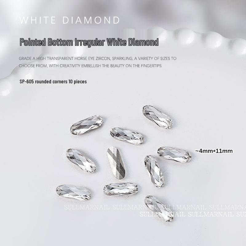 Nail Art Rhinestones Set: Heart, Crooked Heart, White Diamond, Peach Heart, Square, and Transparent Shapes (10 Pieces)