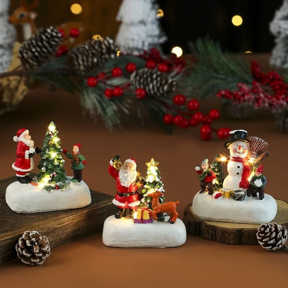 Funny Resin Christmas Village Houses Mini LED Light New Year Micro Landscape Santa Claus Craft New Year Decor Desktop Decor