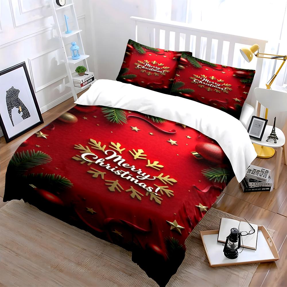 Gold Merry Christmas Festive Decor Bedding Set (1 Duvet Cover, 2 Pillowcases, Duvet Not Included)