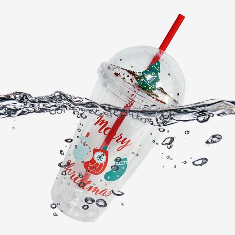 Bicchiere Riutilizzabile a Tema Natalizio con Cannuccia e Coperchio 450ml Adatto come Regalo per la Festa di Natale