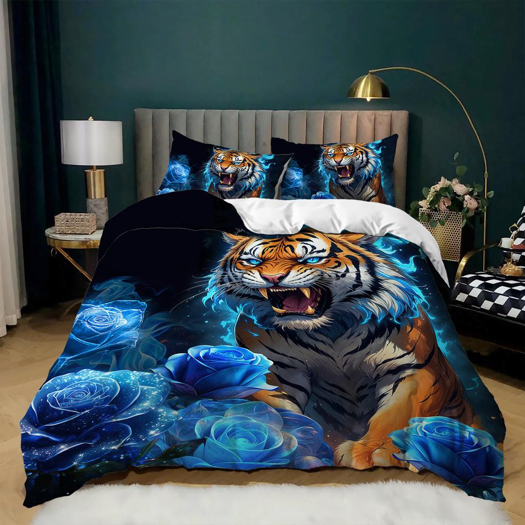 3pcs Fierce Tiger with Blue Roses Bedding Duvet Cover Set Blue Rose Tiger Bedding Quilt Set Animal Themed Bed Set Four Seasons