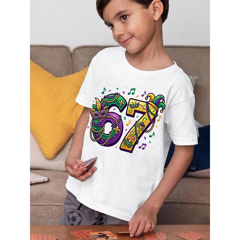European Sizes Mardi Gras '67 New Orleans Retro T-Shirt for Boys - Vintage Number 67 Print, Casual Kids Wear Suitable for Birthday Gifts