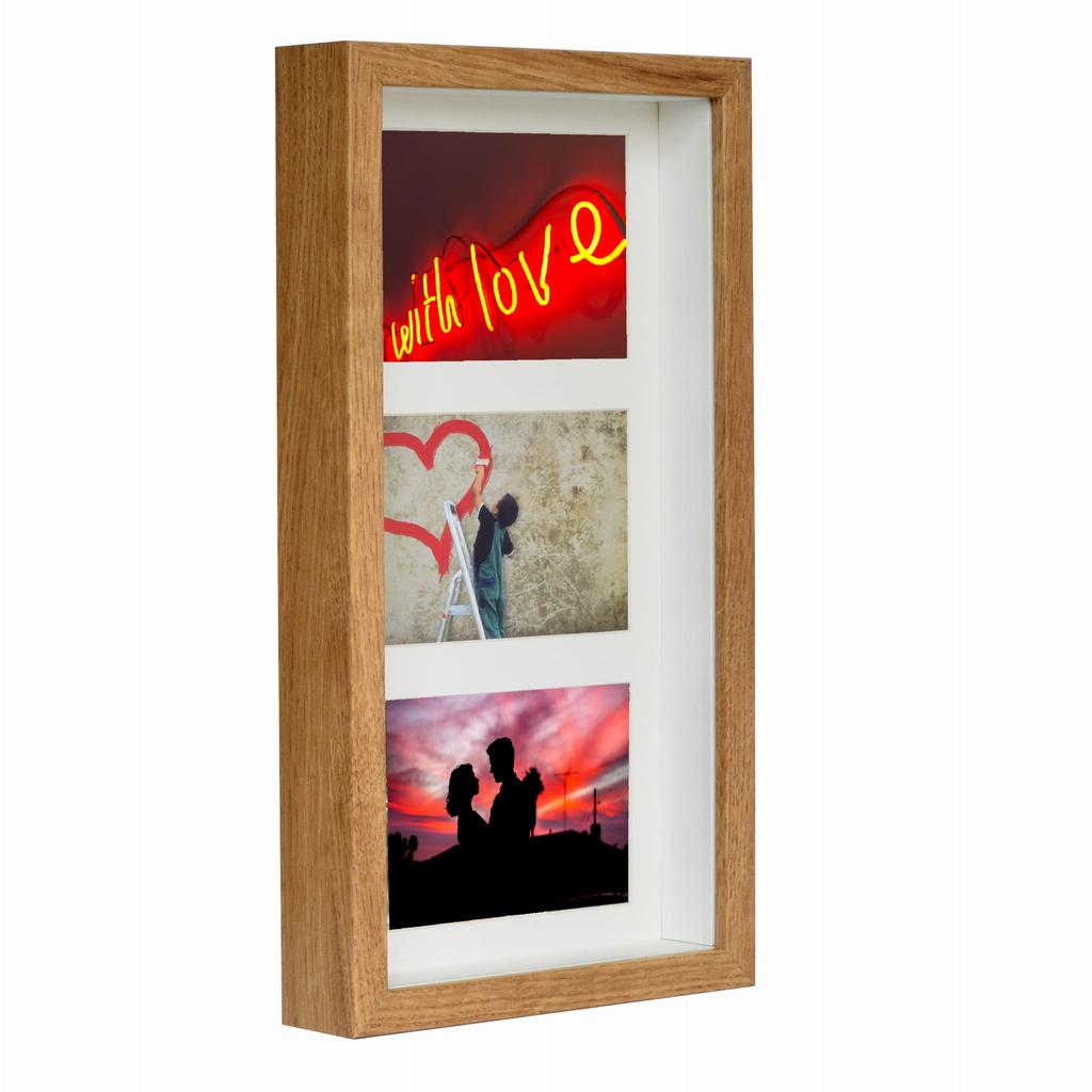 Ramka Na 3 Zdjęcia 10X15 Galeria 3D Głęboka Przestrzenna Shadow Box 18X35Cm Dębowa
