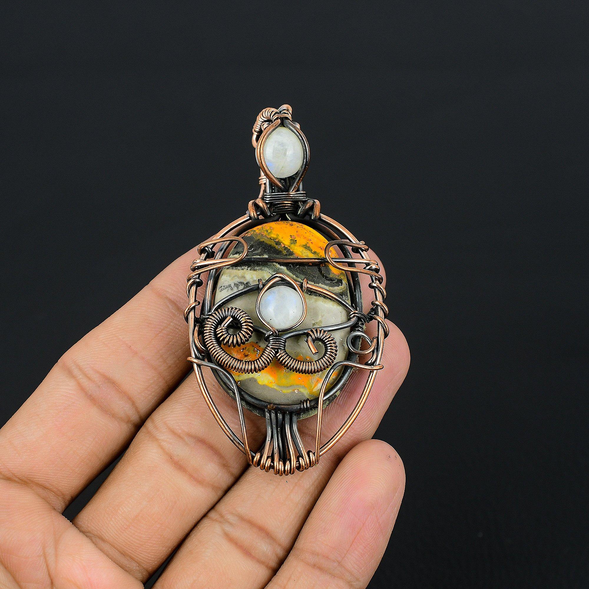 

Bumble Bee Jasper & Rainbow Moonstone Jewelry, 999 Copper Wire Wrapped Gemstone Pendant, Handmade Pendant, For Memorial Day 2.55 Inches