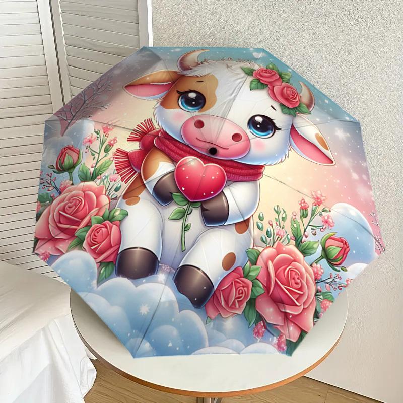 1PC Cow, Roses Automatic Open/Close Umbrella Compact Folding Umbrella with 8-Rib Shaft Lightweight Esign, Highquality Fabric1201A
