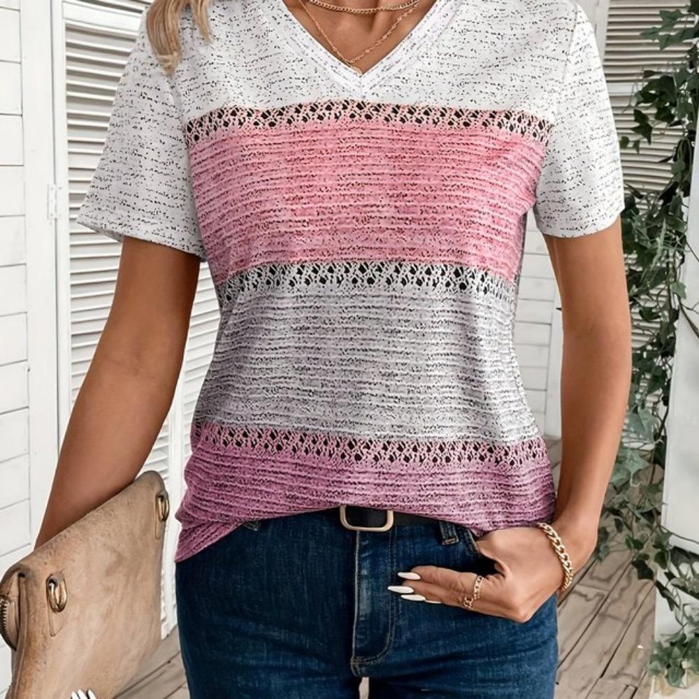 

Літня жіноча футболка Повсякденна футболка з коротким рукавом у ретро-смужку Футболки з V-подібним вирізом Модний вуличний жіночий одяг великого розміру 4XL