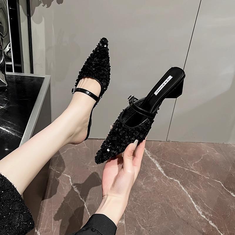 High Heels Women's Summer New Bag Head Sequins Pointed One-word Buckle Sandals Thick Heel Outer Slippers