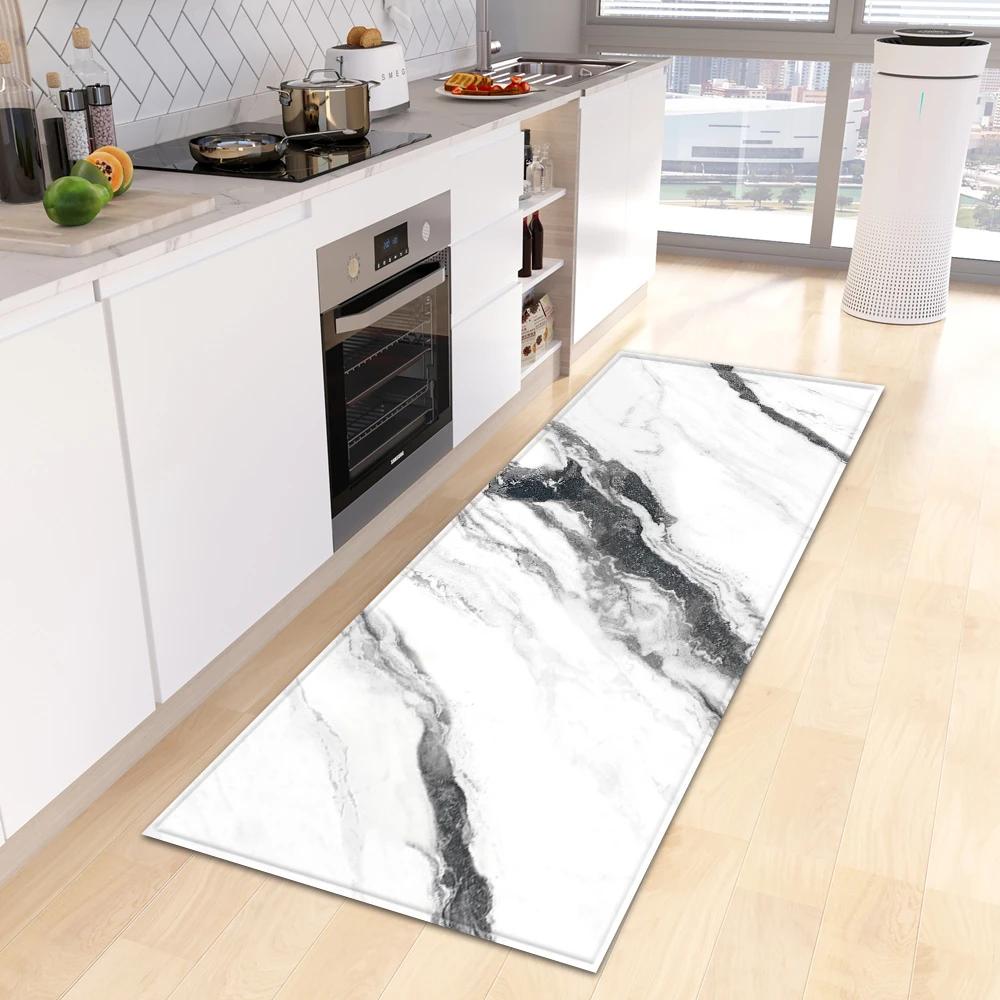 Marble Print Kitchen Runner Rug, Modern Gold  Black Vein Non-Slip Water  Oil Resistant Floor Mat