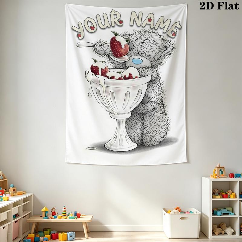 Custom Name Tatty Teddy Ice Cream Wall Tapestry Aesthetic Wall Hanging Printed Fabric Blanket Decorative Tapestries for Bedroom Living Room Home Decor