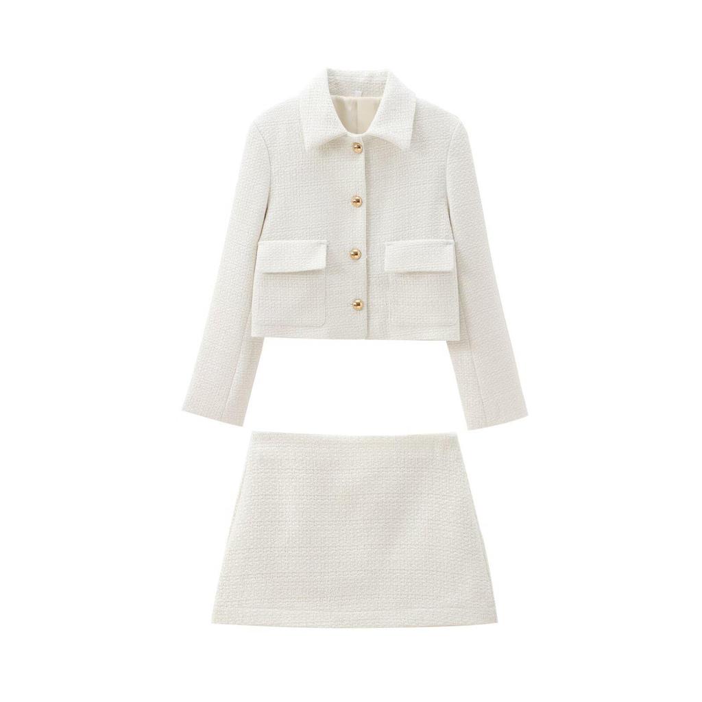 2024 Autumn Women’s European & American Style Textured Coat & A-Line Skirt Set with Turn-Down Collar and Long Sleeves