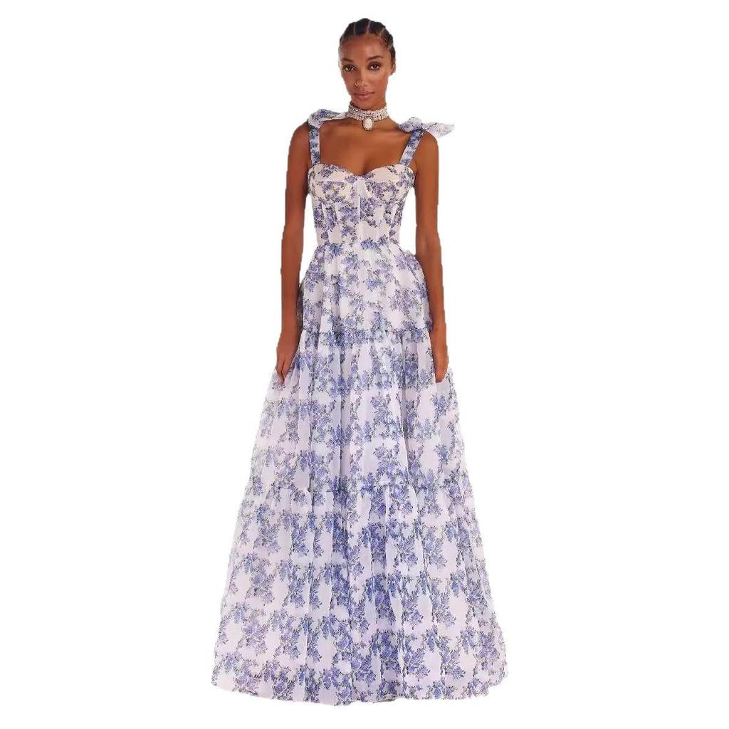 European & American Floral Organza Sleeveless Strappy Dress