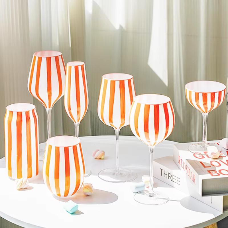 Hand Painted Colorful Striped Cocktail Goblet Water Cup Creative Red Wine Glass Set Party Wedding Barware