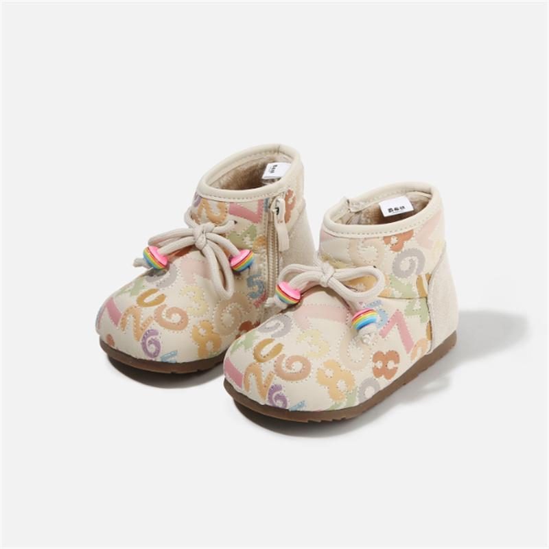

Winter Baby Shoes Leather Cute Number Warm Plush Kids Shoes Waterproof Toddler Girls Cotton Boots EU 16-26 21 бежевый