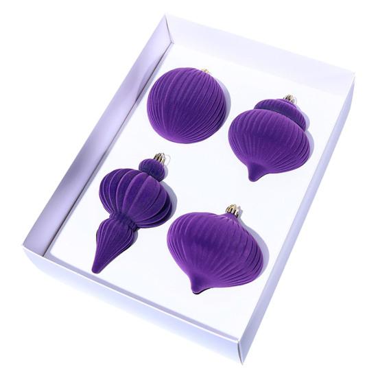 4Pcs Velvet Christmas Ball Ornaments Plastic Flocked Decor with Metal Hangers Holiday Home Decorations for Tree Mantel