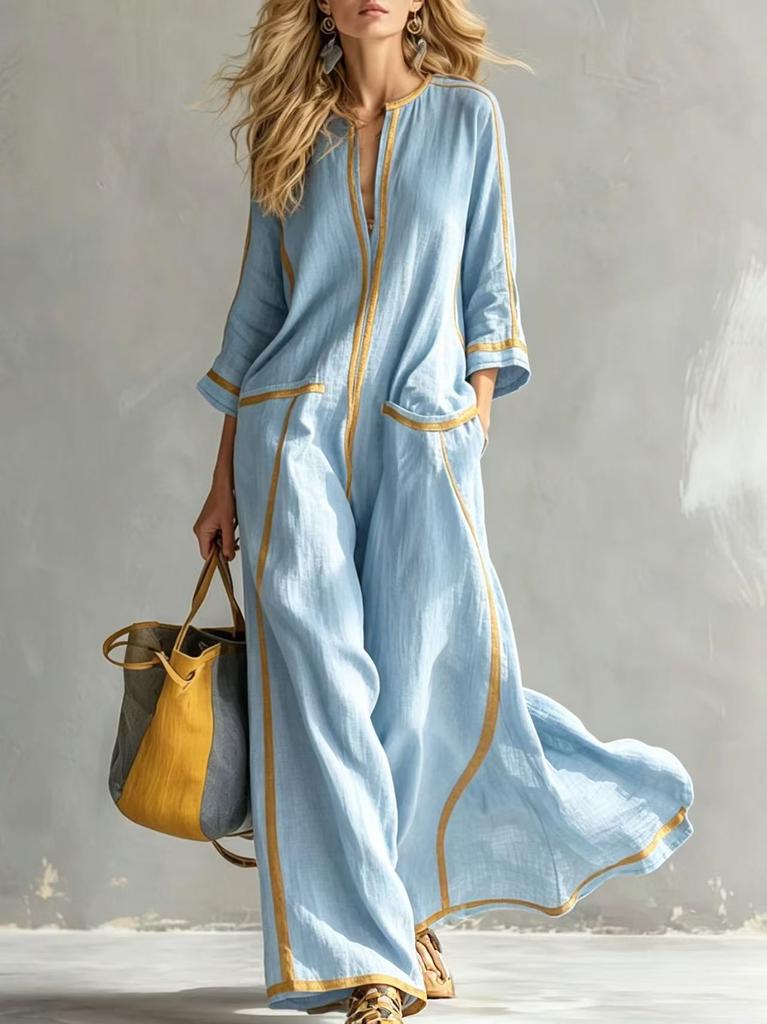 Summer new European and American style striped V-neck loose holiday style long dress women's fashion casual beach