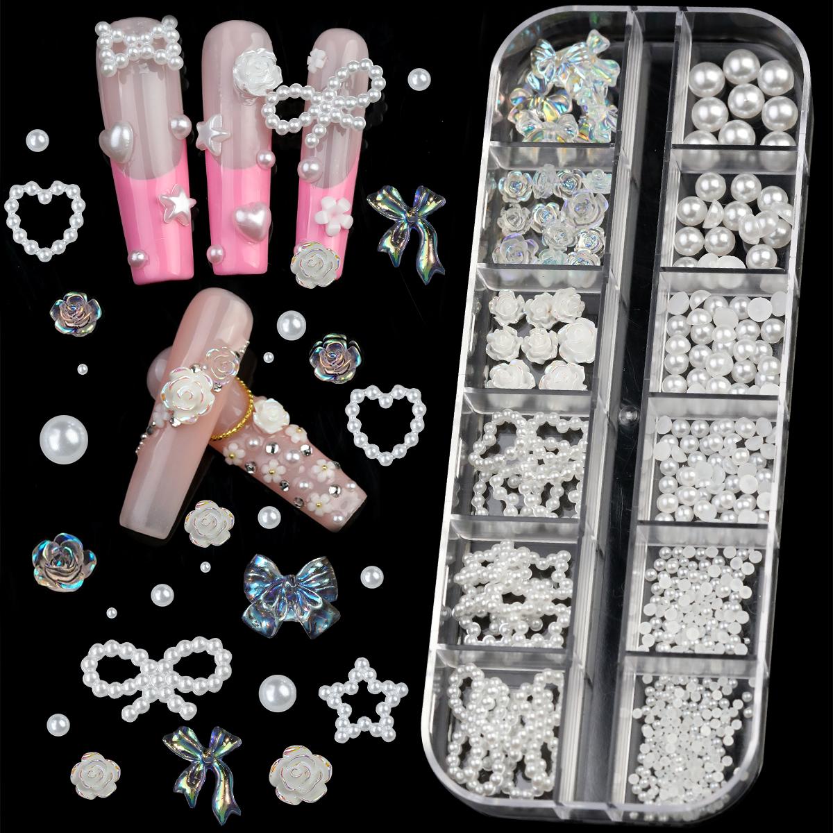 

12 ячеек смола 3D шармы для нейл-арта камелия роза сердце звезда жемчуг аксессуары дизайн для женщин девушек DIY бантик украшение для ногтей