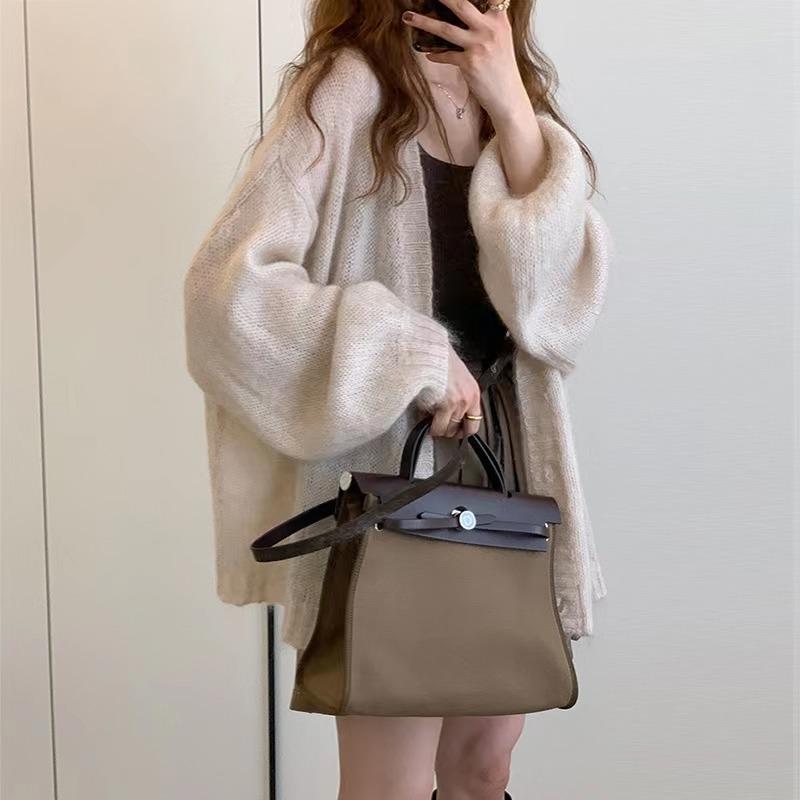 Fashion Lantern Long Sleeve Knitted Cardigan Jacket Women's Loose Elegant Medium and Long Sweater Thin Casual Simple Top Office Autumn Winter Clothing