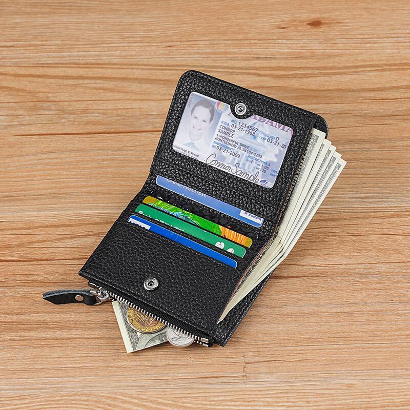 Japanese Style Fashion Ultra Thin Short Purse Large Capacity Women RFID Real Leather Wallet Zipper Coin Card Purse