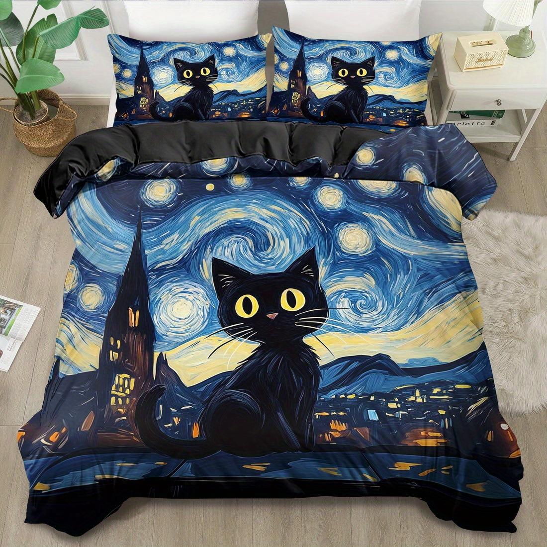 

Комплект пододеяльника с принтом черного кота, стиль кинг-сайз, квин-сайз, постельное белье, полиэстер, машинная стирка, украшение одеяла, спальня, гостевая комната 90X200cm 2PCS
