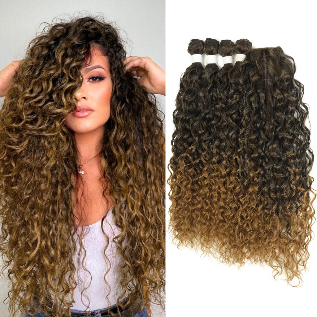Synthetic Kinky Curly Deep Wave Hair Bundles 4PCS With Lace Closure 22-24 Inch 260g High Temperature Fiber Hair Extensions Weave