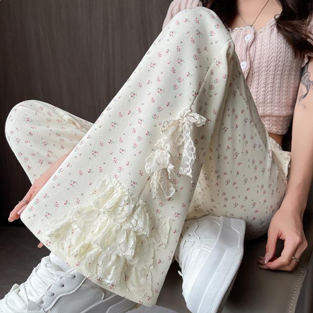 Lace Bow Floral High-Waisted Wide-Leg Summer 2026 Women's Casual Pants