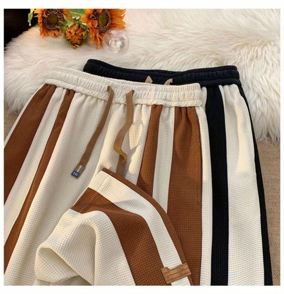 Korean-Style Trendy Color Block Striped Casual Sweatpants, Unisex Spring/Summer Waffle Drape Wide-Leg Design