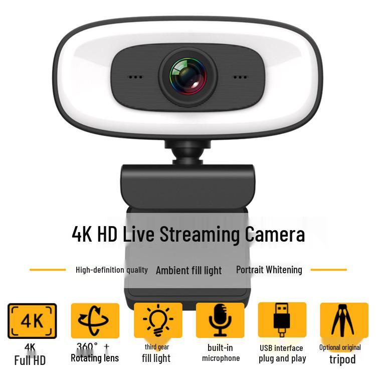 4K Desktop & Laptop Webcam with Fill Light, 1080P HD for Online Classes