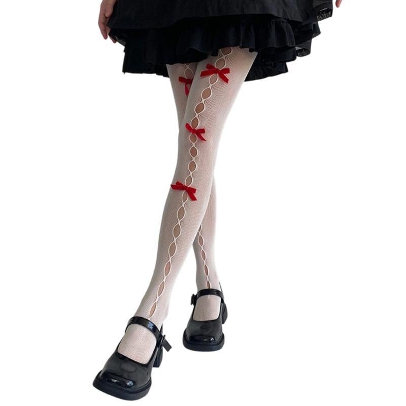 Women's Fishnet Stockings with Bowtie Girls Fish Net Tights with Designs High Waist Pantyhose Thigh High Stockings