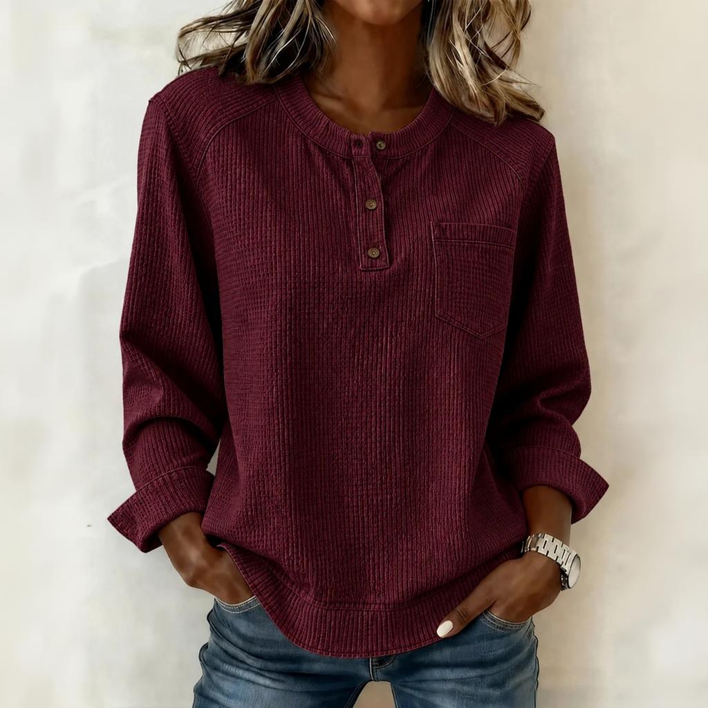 Damen Mode Strick Oberteil mit langen Ärmeln und Taschen, Lockerer Raglan Herbst Winter Hemd