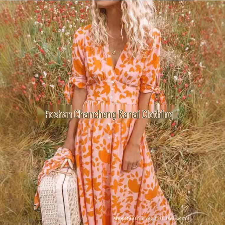 

2024 New European & American V-Neck Five-Sleeve Printed Tie Dress Medium