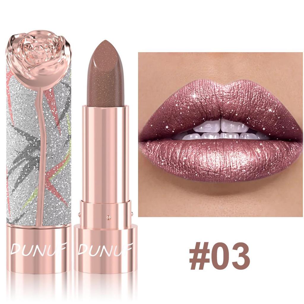 Rossetto Perlato Metallizzato ad Alta Lucentezza per Donna Lucidalabbra Solido Impermeabile Resistente alle Macchie Lunga Tenuta Glitterato Rossetto Diamante