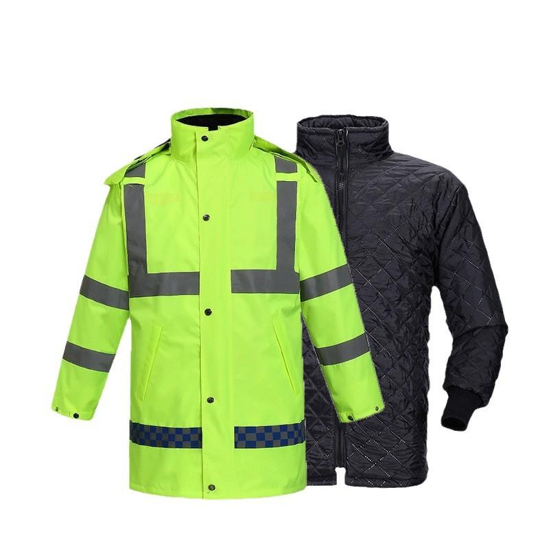 Reflective cotton-padded clothes on duty, cotton-padded raincoat set, winter outdoor traffic rescue, windproof and waterproof cotton-padded raincoat