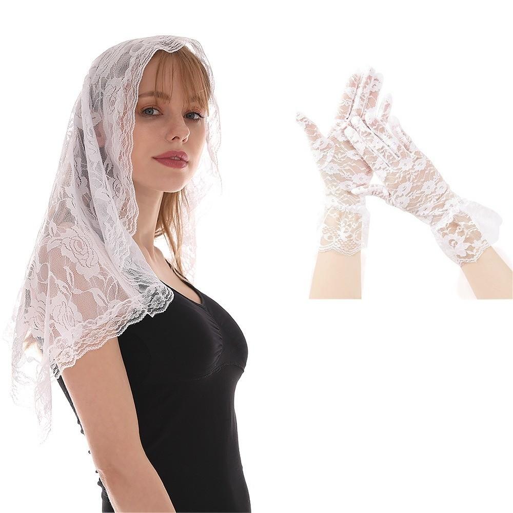 

Vintage Bandanas for Women With Gloves Sweet Headscarf Fashion Lace Flower Hair Scarf Photography White 01