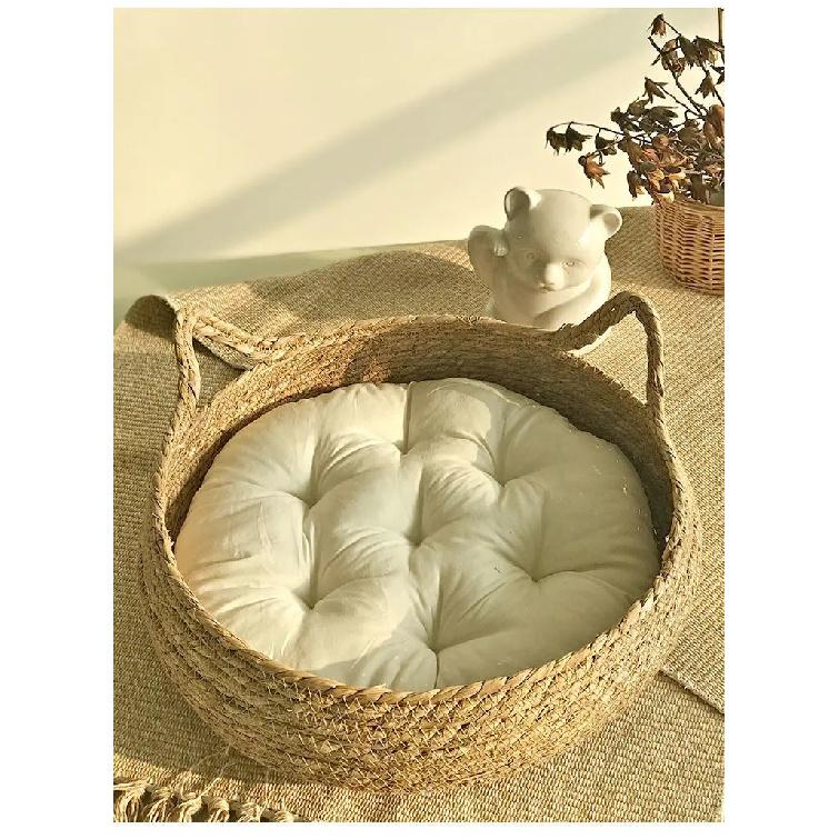 OUZEY Rattan Weaving Cat Basket Pet Cat Bed With Cushion Soft Warm Puppy Kitten Bed Donut Round Comfortable Sleeping Cat House