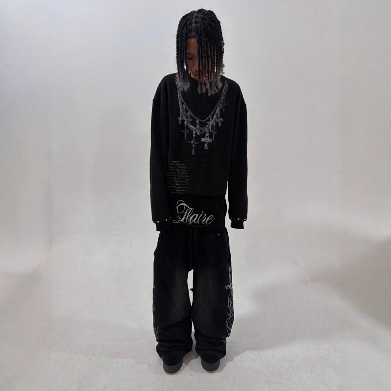Mens Streetwear Printed High-Elastic Double-Waist Loose Straight Leg Casual Pants Youth Fashion