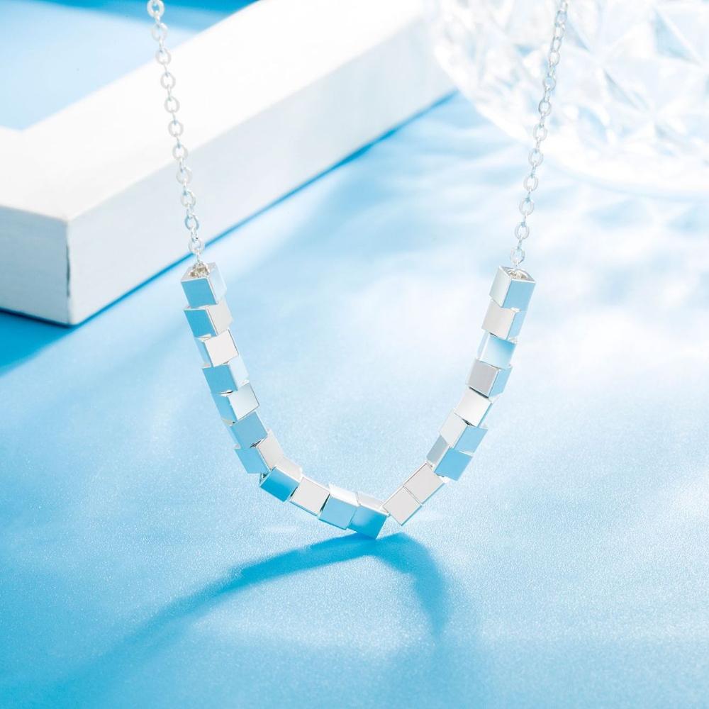 925 Sterling Silver Fashion Versatile Small Square Geometric Necklace Birthday Party Anniversary Gift Daily Wear белый