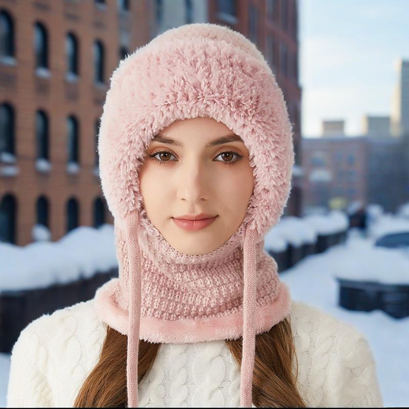 One-piece hat plus velvet thickened face-covering knitted hat, bib, mask, warmth kit