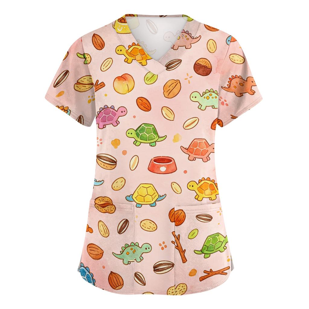 Top da Lavoro da Donna con Scollo a V e Maniche Corte con Tasche, Stampa Animalier, Camice Medico per Professionisti Sanitari, Uniforme da Infermiere