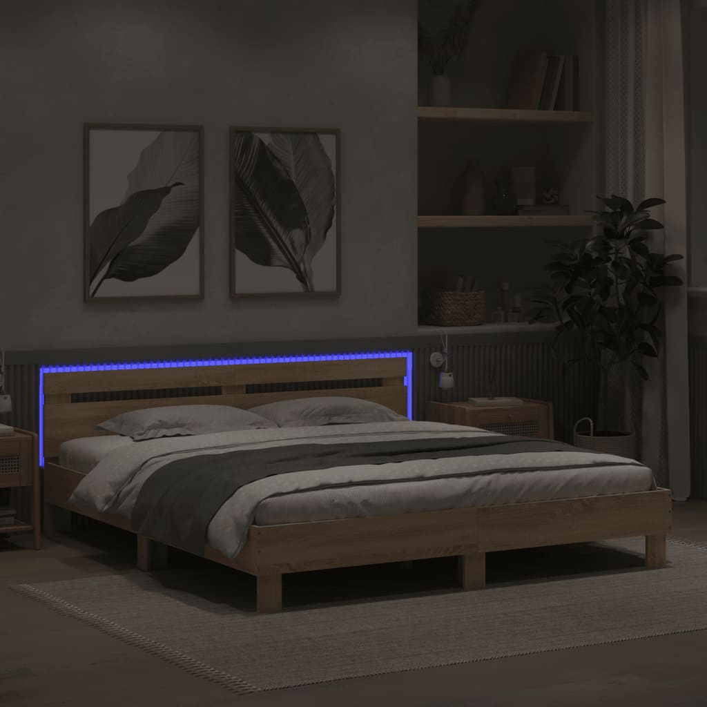 Bed Frame with Headboard and LED Lighting Sonoma Oak