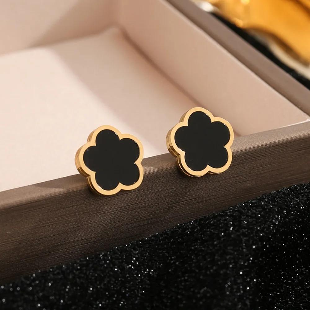 Cute Romantic Five Leaf Flower Stud Earrings for Women Claccic Simple Stainless Steel Temperament Korea Earring Jewelry Gift