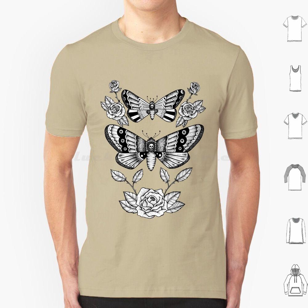 Death Moths T Shirt Big Size 100 Cotton Death Moth Roses Death Moths Moths Moth Black And White Fine Liner Detail Dot Work