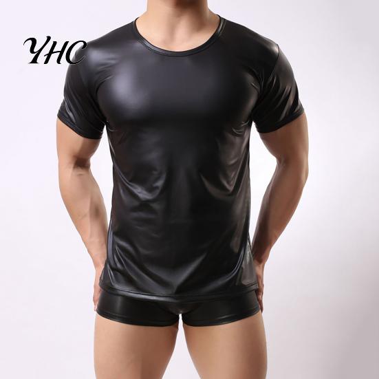 Men Sexy T-shirt Short Sleeve Elastic Faux Night Club Tops Leather Undershirt Muscle for Party