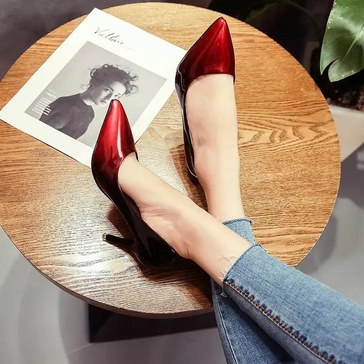 Gradient color patent leather women's shoes  spring and summer new pointed shallow mouth sexy stiletto heels work shoes drf56