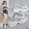 Thick-soled Heightening Mesh Casual Shoes Women's 2026 Spring and Summer New Fashion Lace-up Silver Running Shoes