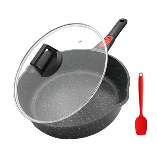 RANXINGST 24cm Frying Pan with Lid, Induction Compatible, Non-Stick, 1-3 Person, Deep Stir-Fry Pan with Removable Handle and Spout, PFOA & PFOS Free,