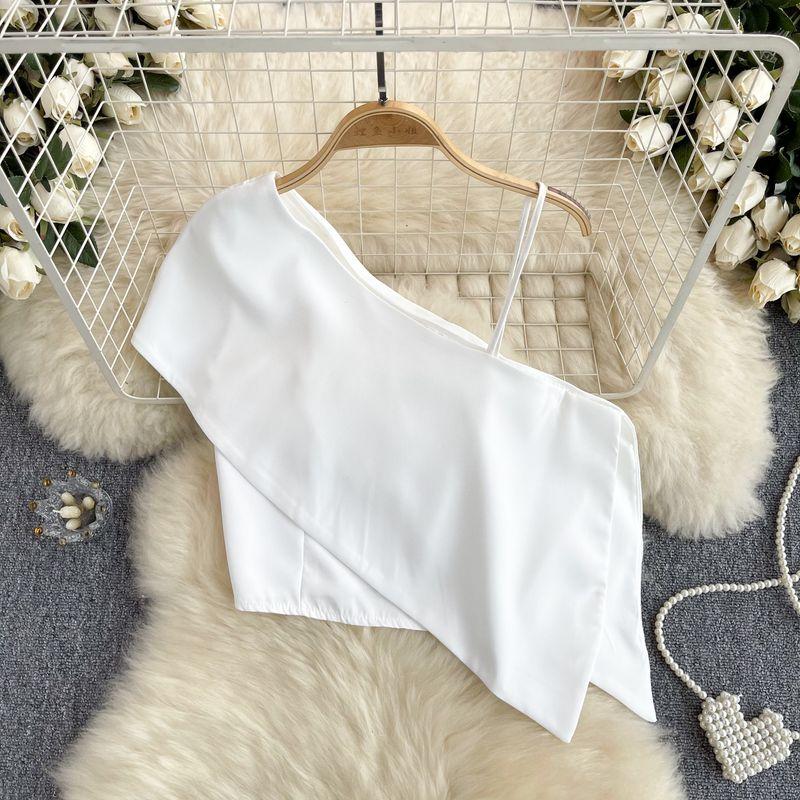 Sweet and Spicy Small Top Women's Stylish One-Shoulder Cold-Shoulder Single-Side Sling Silm Short Crop Top Versatile Holiday Small Shirt Fashion