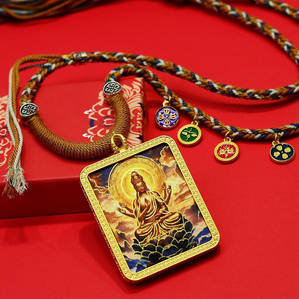 Hand-Painted Tibetan Thangka Amulet Necklace: Zodiac Eight Protectors - Acala, Amoghasiddhi, Vairocana Buddha