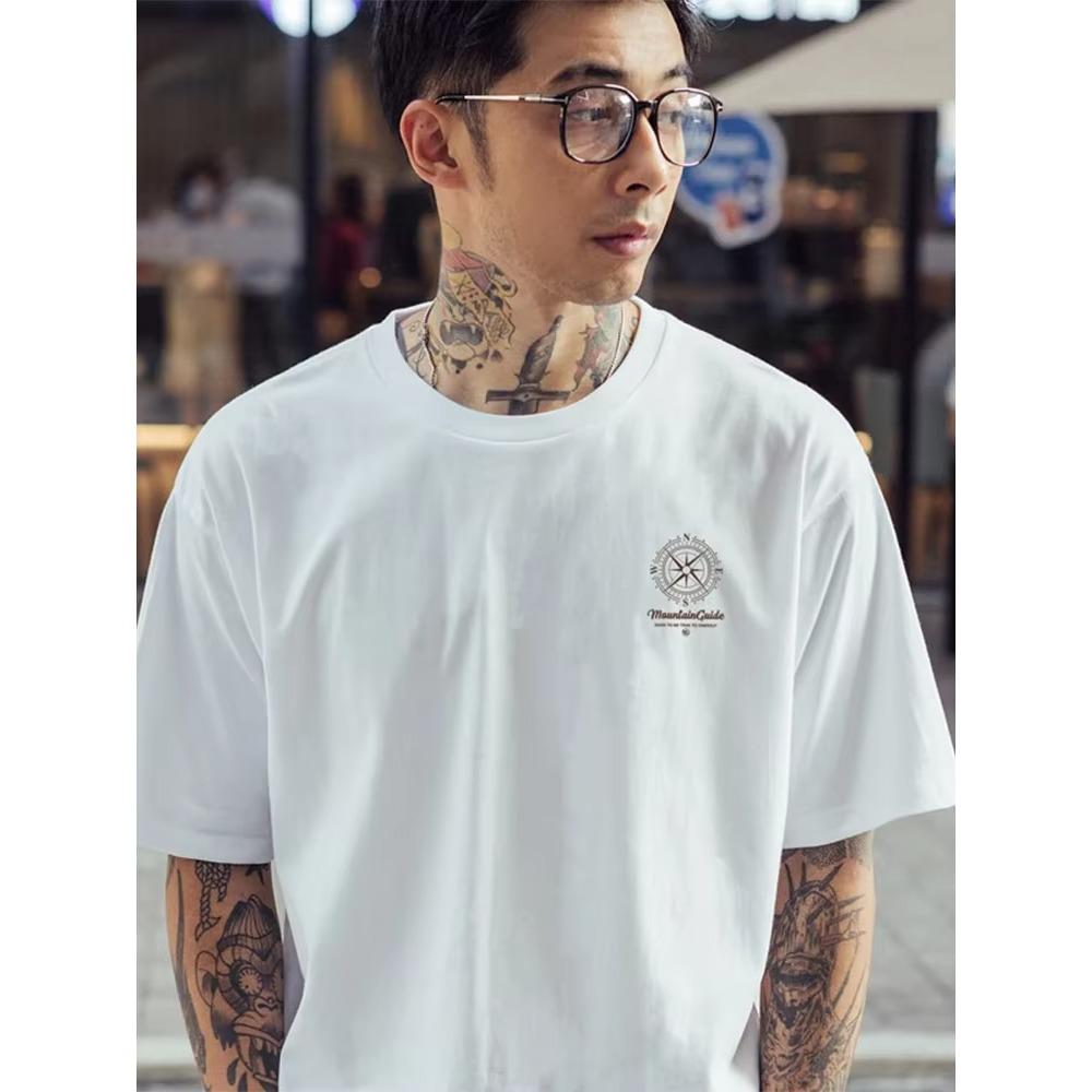 Summer Fashion Heavyweight Retro Men's English Letters 100% Cotton Printed Round Neck High-quality Casual Fitness Street T-shirt