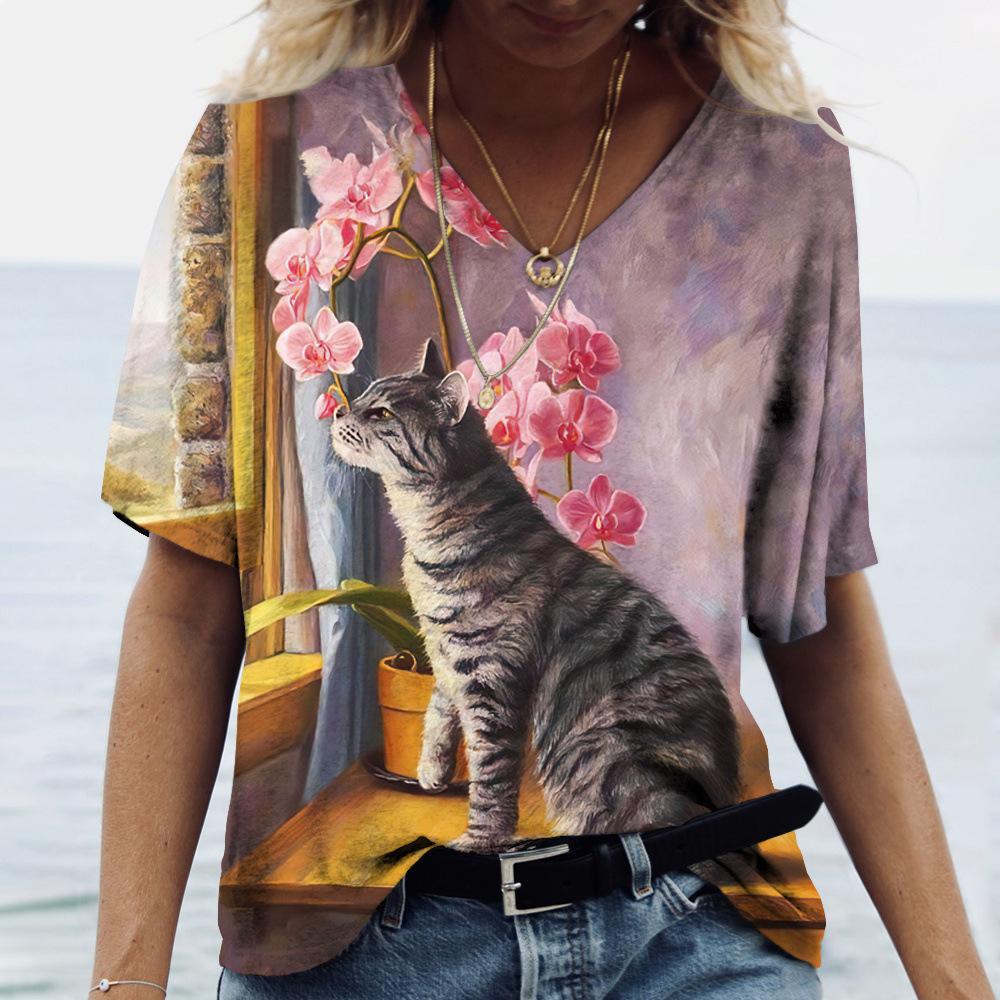 2025 Summer New 3D Cat Print Tee Loose Retro Women's V-neck Short Sleeved Street Style T-shirt Casual Top