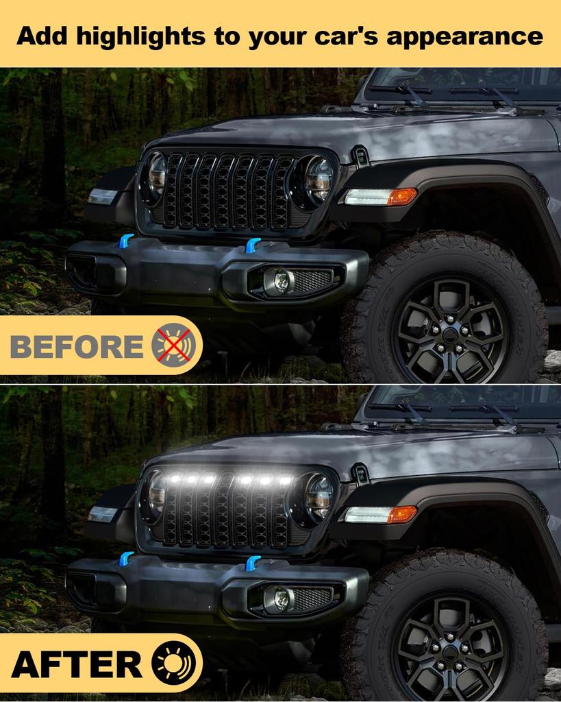 White LED Grille Lights for Jeep Wrangler JL Wrangler JL Front Grille Trim 2024-2025, Accessories,